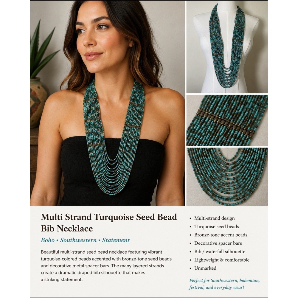 Multi Strand Turquoise Seed Bead Bib Necklace Boho Southwestern Statement Heavy - Picture 3 of 7